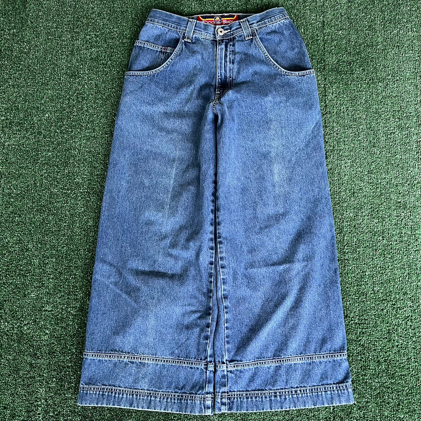 Y2K JNCO Jeans Baggy Wide-Leg Red Stripe Medium Wash Blue Jeans - 30x29" 25.5" Openings