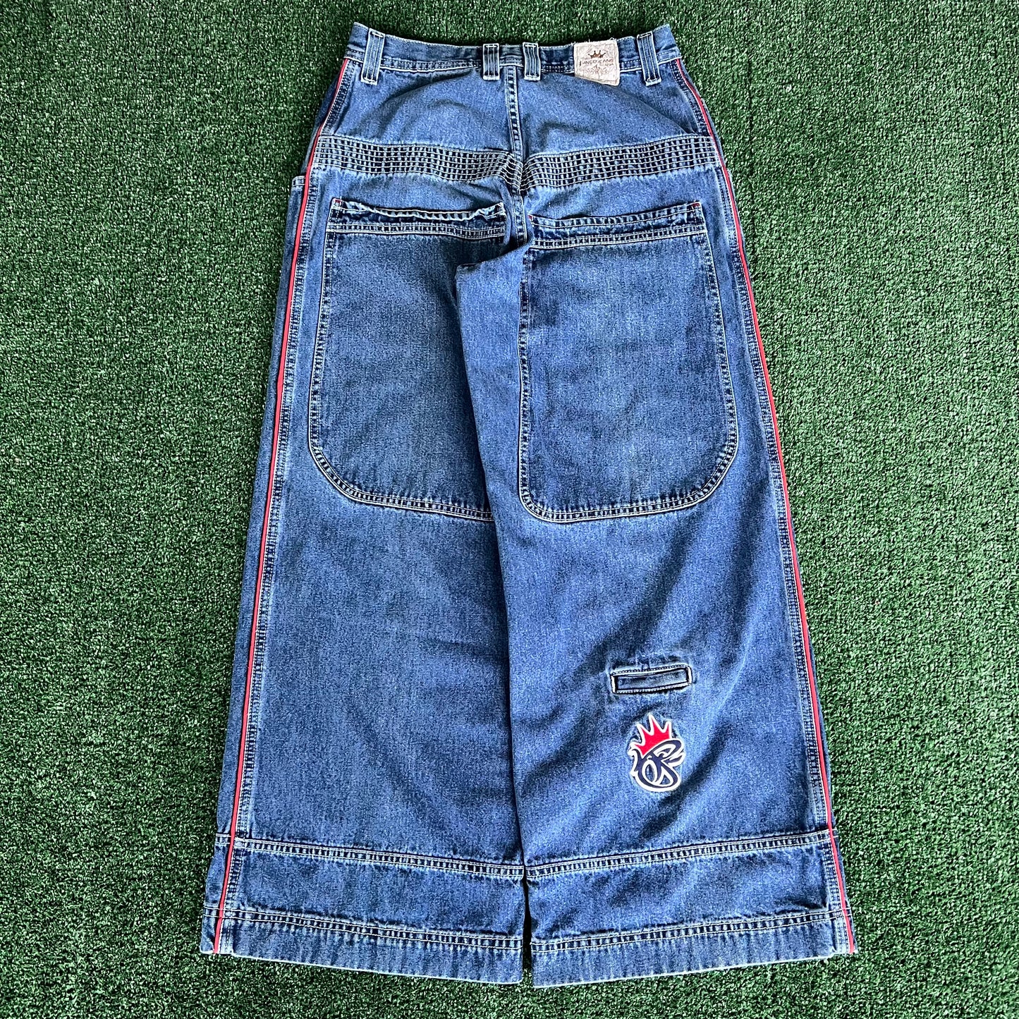 Y2K JNCO Jeans Baggy Wide-Leg Red Stripe Medium Wash Blue Jeans - 30x29" 25.5" Openings