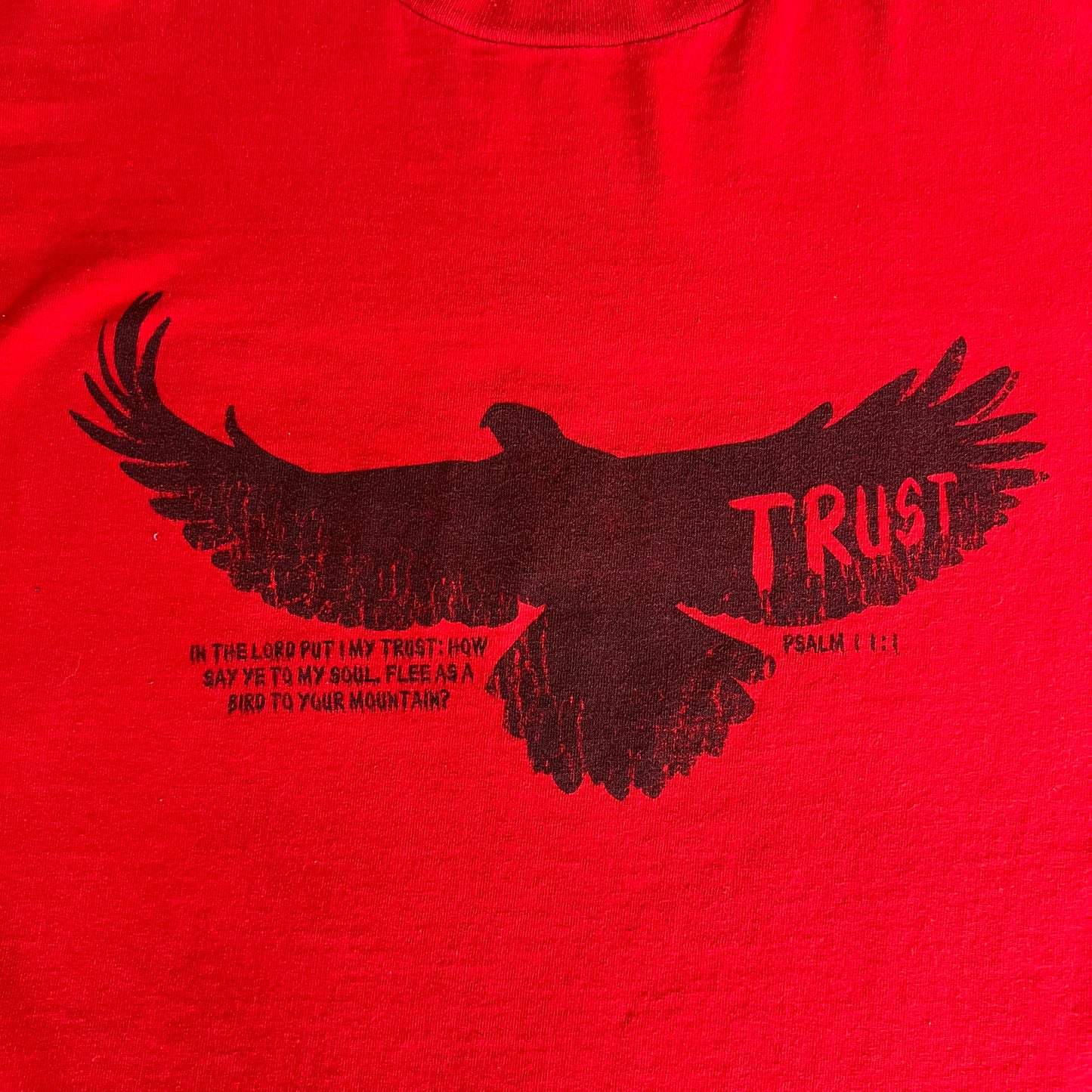 Y2K Bird Psalm 11:1 Trust Red Jesus Bible T-Shirt - Medium