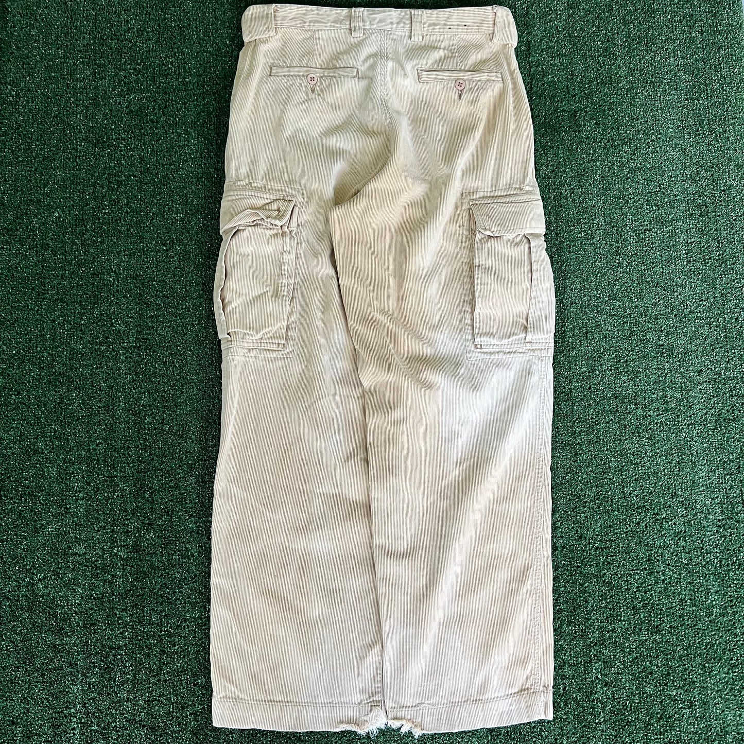 Y2K Britches Baggy Straight Light Beige Sun Faded Corduroy Cargo Pants - 33x30.5" 19" Openings