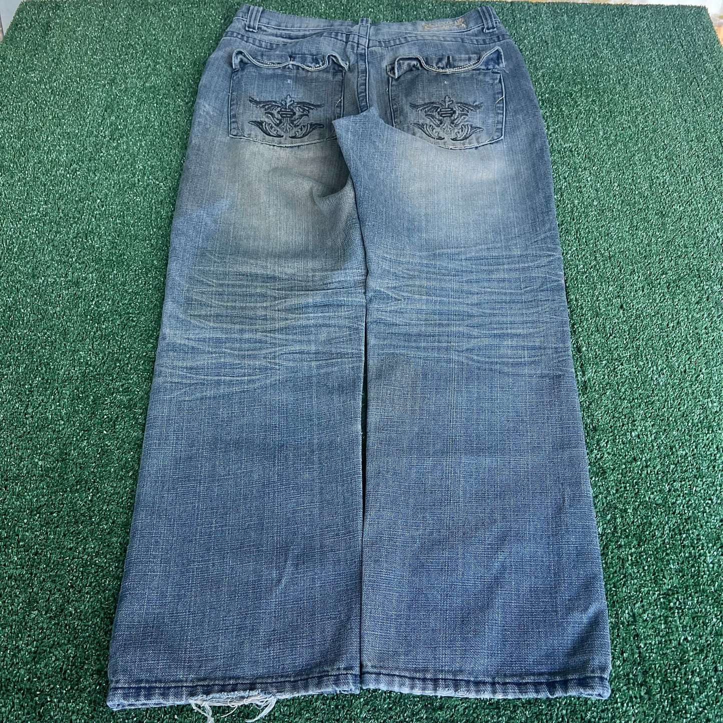 Y2K Fusai Baggy Flap Pocket Skate Blue Jeans - 35x30" 19" Open