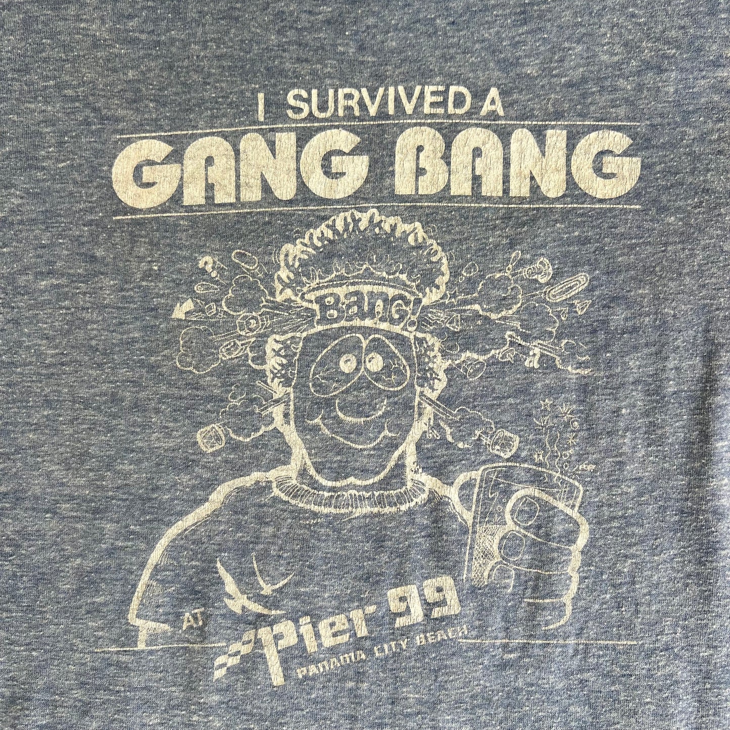 80s "I Survived a Gang Bang" Funny Light Blue T-Shirt - Medium