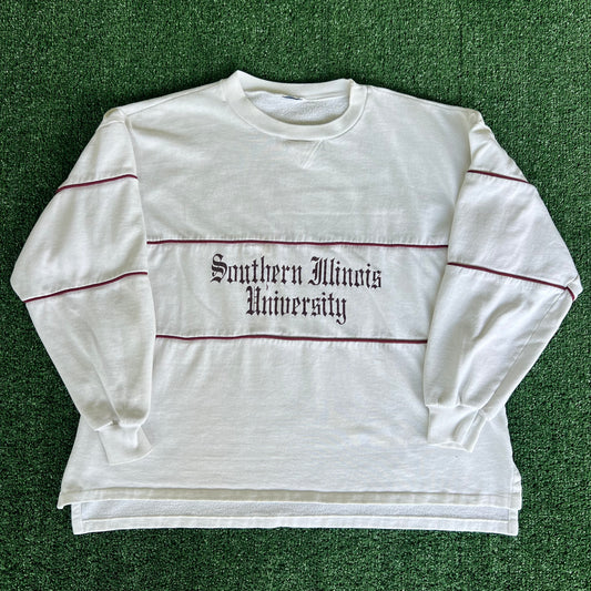 70s Southern Illinois University Salukis White Burgundy Stripe Sweatshirt - Large