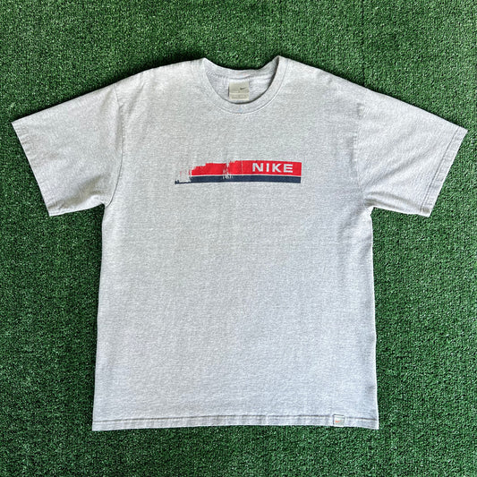 Y2K Nike Silver Tag Red Blue Bar Logo Gray T-Shirt - Large