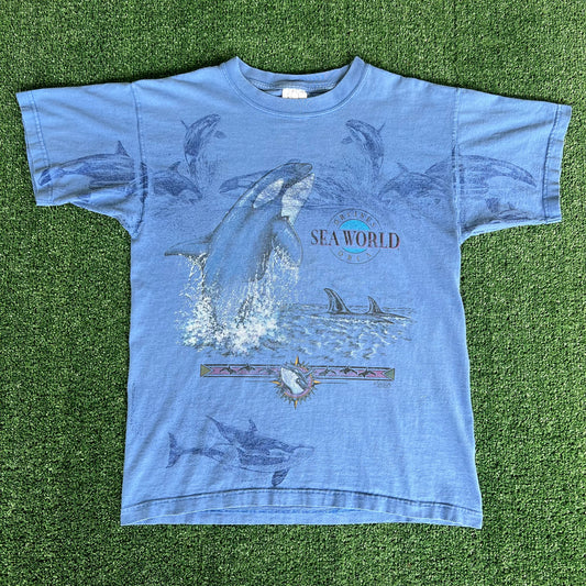 90s Sea World Orca AOP Blue T-Shirt - Medium