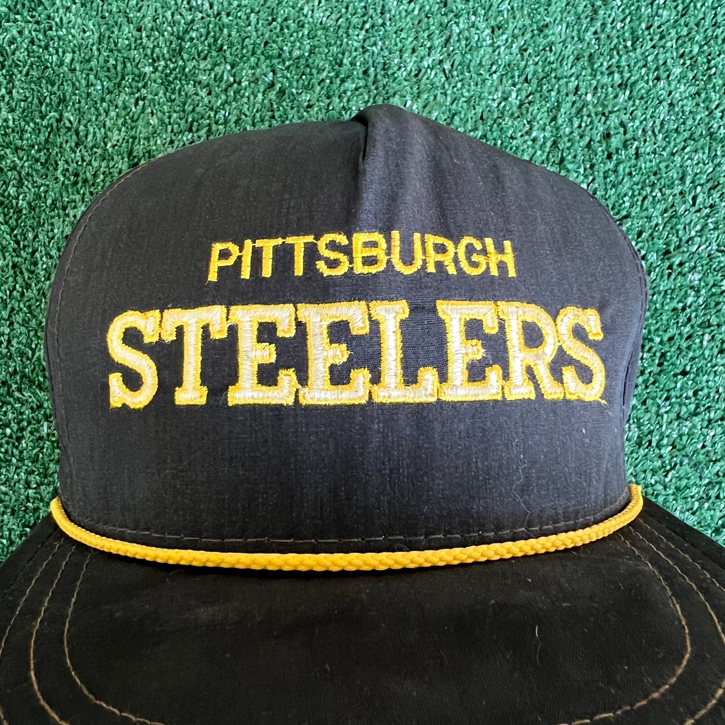 80s AJD NFL Pittsburgh Steelers Black Rope Trucker Snapback Hat