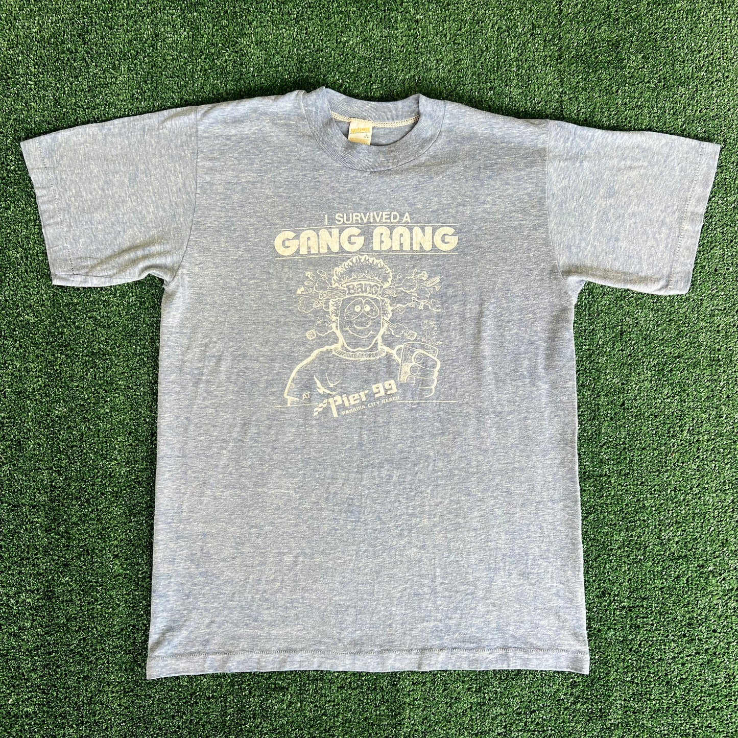 80s "I Survived a Gang Bang" Funny Light Blue T-Shirt - Medium