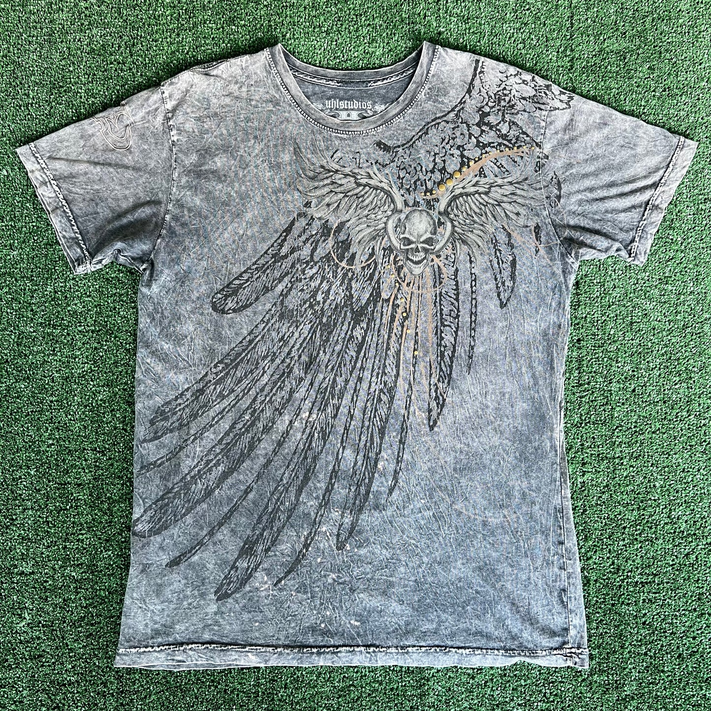 Y2K Skull Wings Tribal Studded AOP Dark Gray T-Shirt - Large