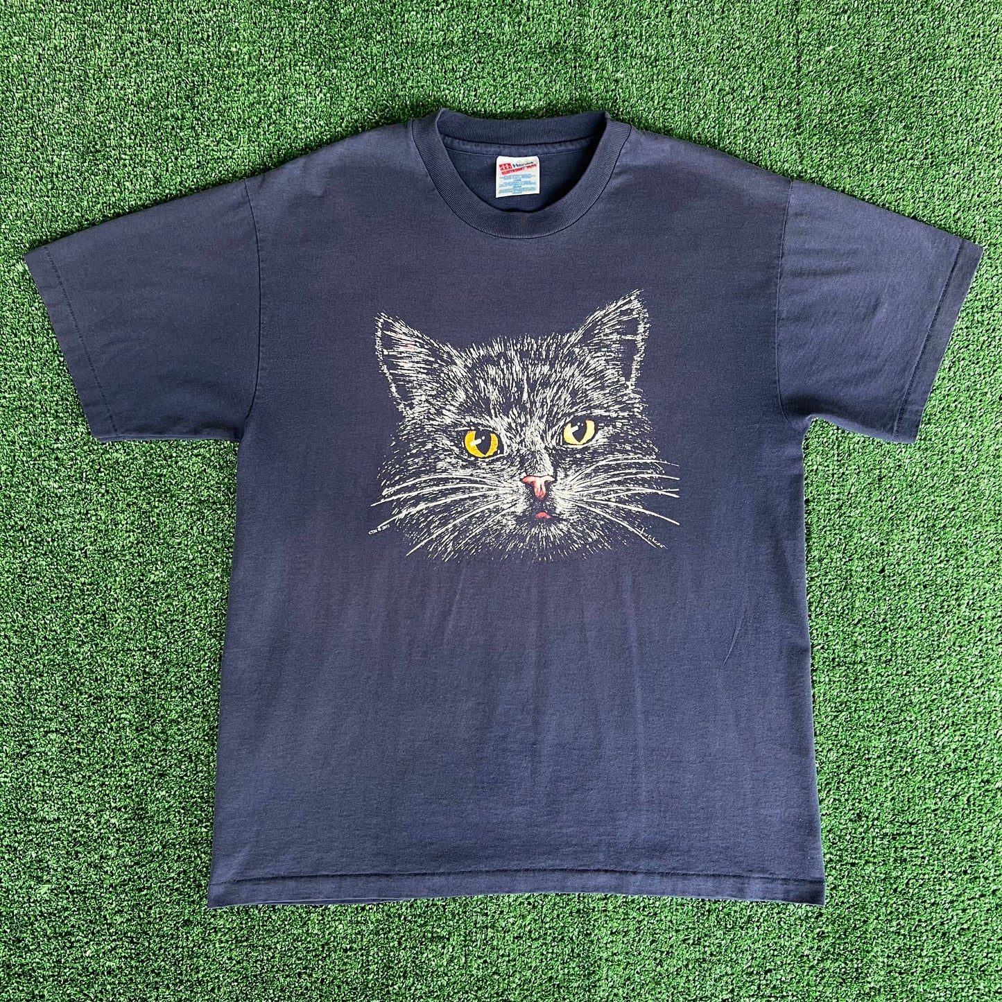 90s Cat Face Single Stitch Navy Blue T-Shirt - Large