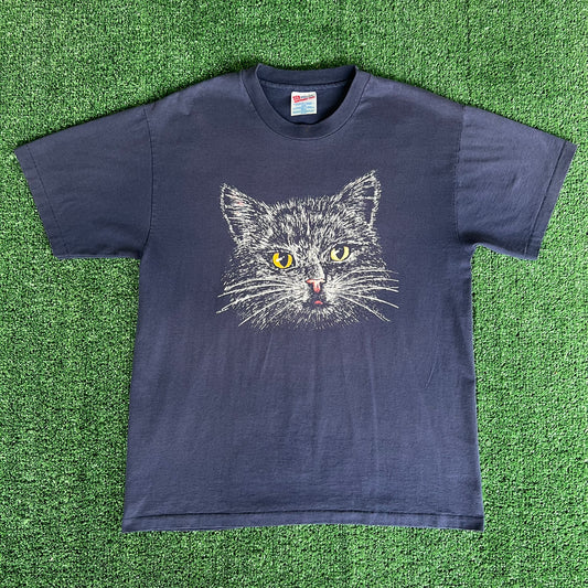 90s Cat Face Single Stitch Navy Blue T-Shirt - Large