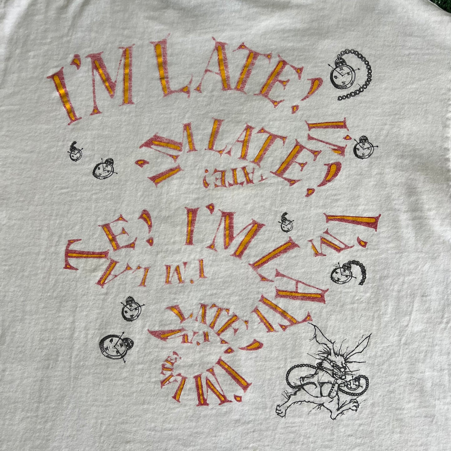 90s Andazia Alice in Wonderland White Rabbit "I'm Late" White Distressed T-Shirt - Large