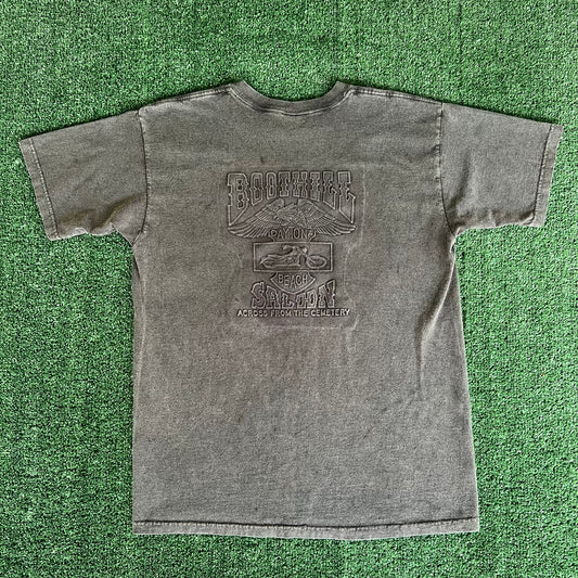 90s Boothill Saloon Daytona Beach Biker Dark Gray Embossed T-Shirt - Medium