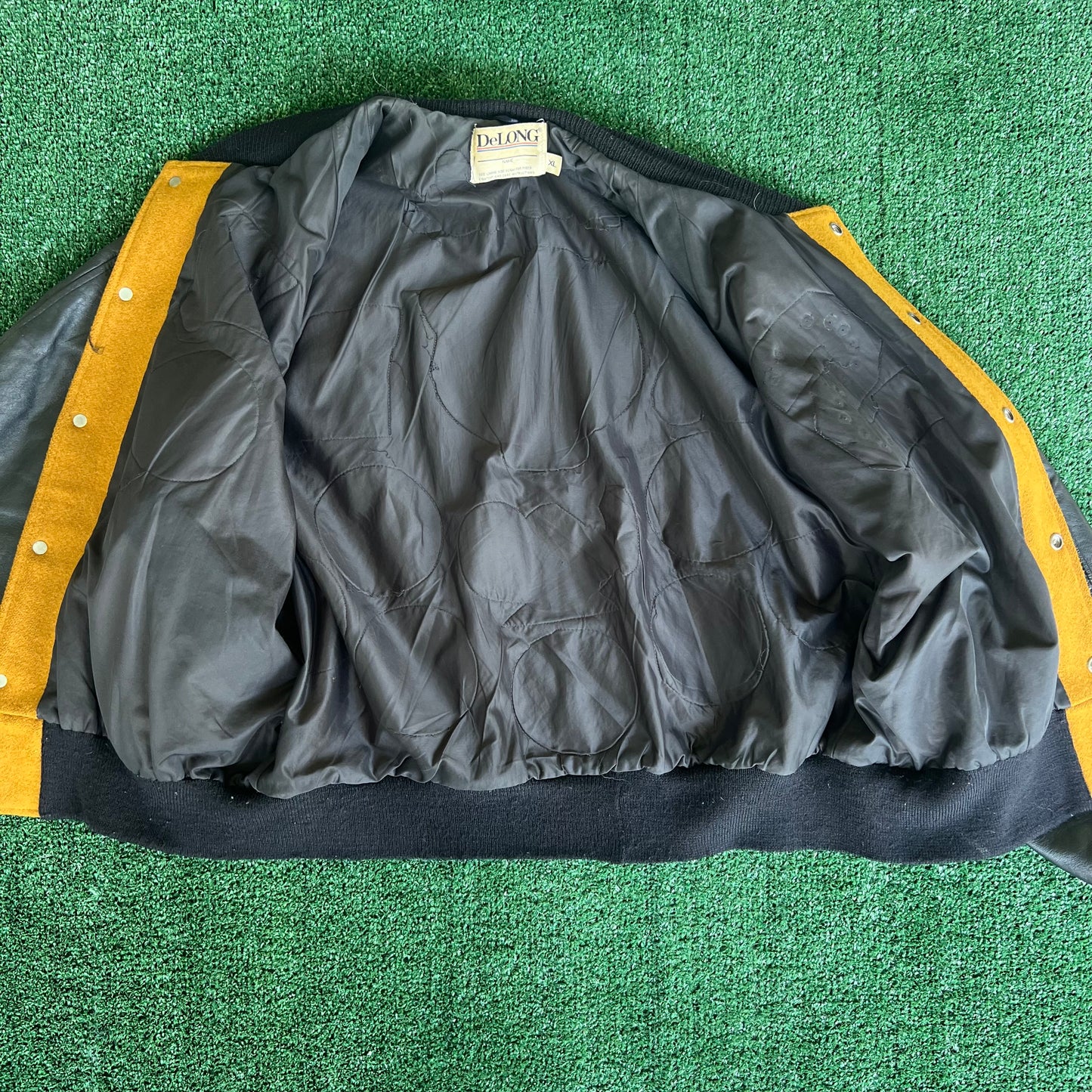 90s Delong Blank Wool Leather Mustard Yellow Black Varsity Jacket - XL