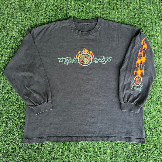 90s Dragon Tribal Flame Faded Navy Blue Skater Long Sleeve Boxy T-Shirt - 2XL