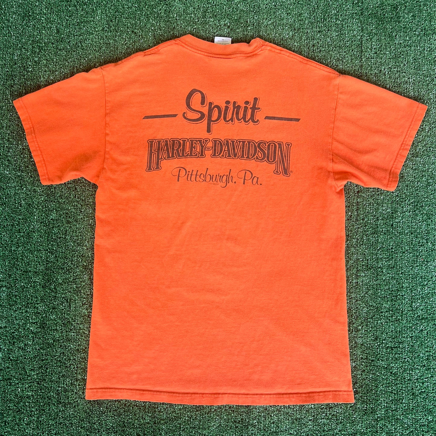 Y2K Harley-Davidson Motorcycles Orange Distressed Pocket T-Shirt - Medium