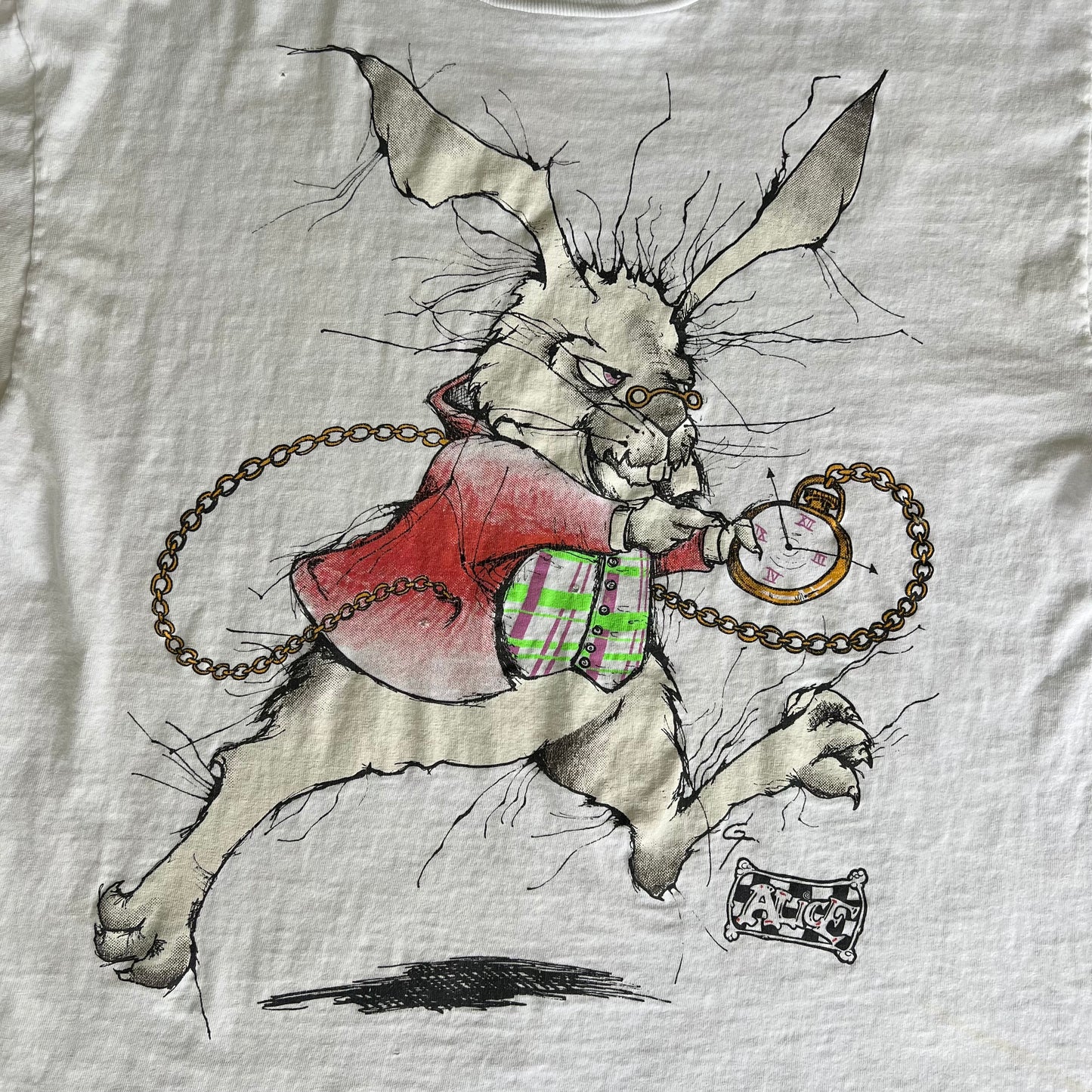 90s Andazia Alice in Wonderland White Rabbit "I'm Late" White Distressed T-Shirt - Large