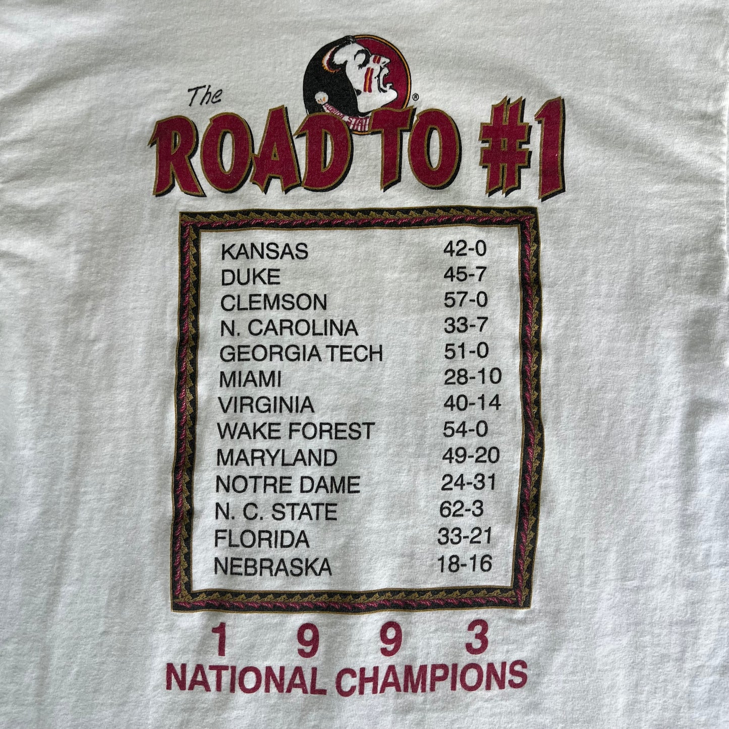 1993 Florida State Seminoles FSU National Champions White T-Shirt - Medium