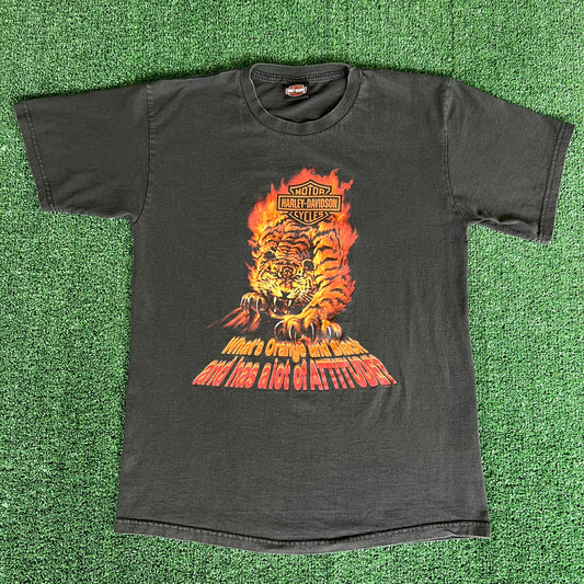 Y2K Harley-Davidson Motorcycles Flaming Tiger Faded Black T-Shirt - Large