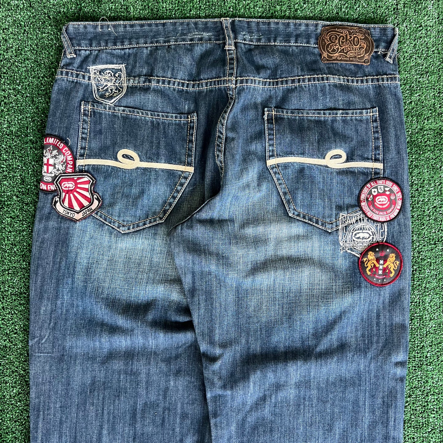 Y2K Ecko Unltd. Baggy Wide-Leg Patches Blue Jeans - 41x31" 21.5" Openings