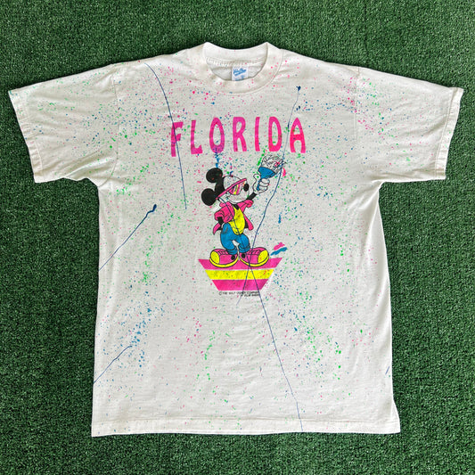 80s Velva Sheen Florida Mickey Mouse Paint Splatter White T-Shirt - Large