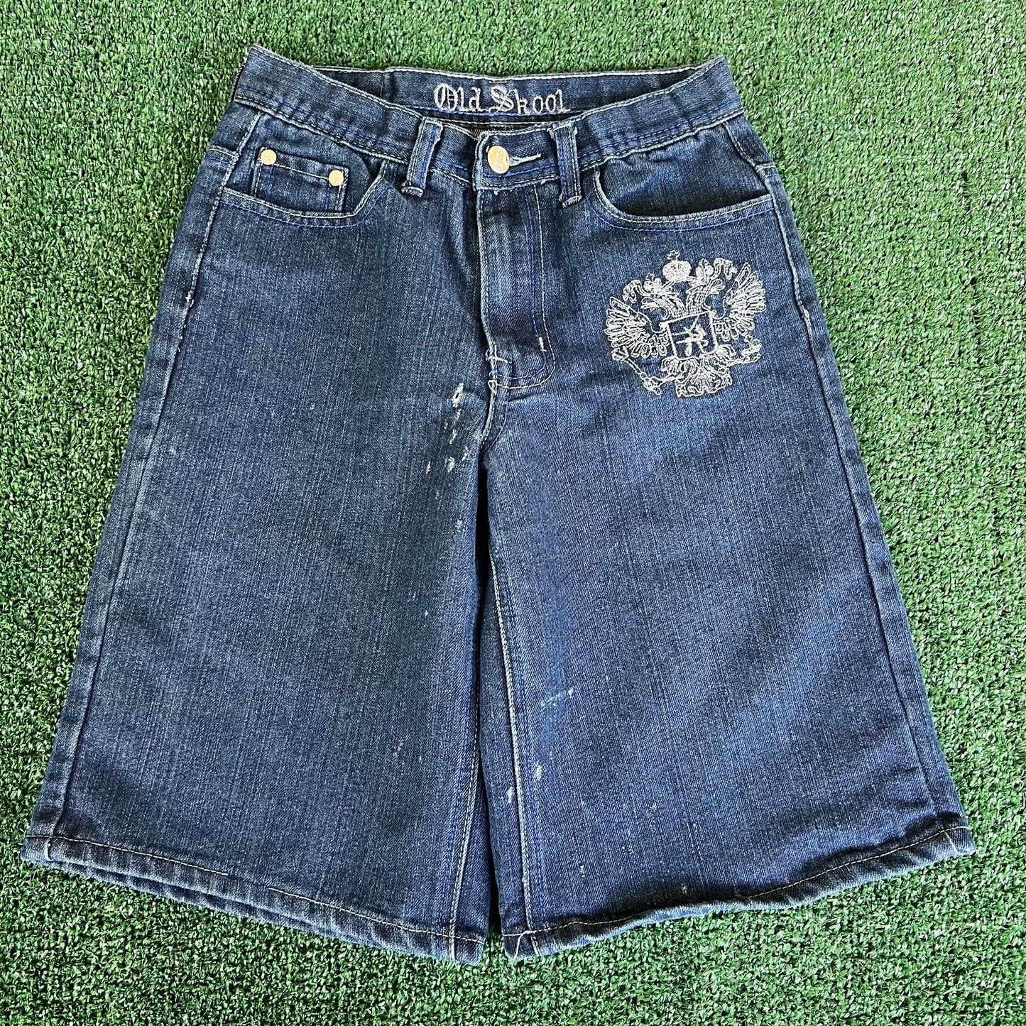 Y2K Distressed Old Skool Embroidered Indigo Blue Jean Shorts - 25x11"