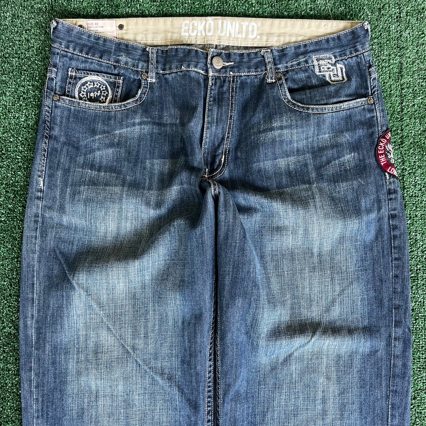 Y2K Ecko Unltd. Baggy Wide-Leg Patches Blue Jeans - 41x31" 21.5" Openings