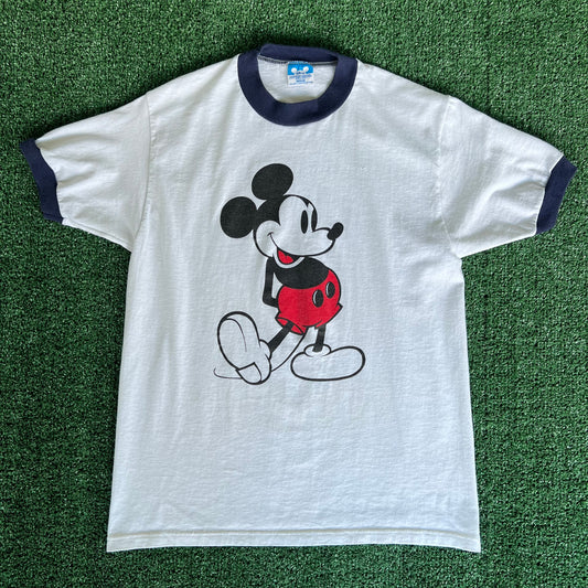 80s Disney Mickey Mouse White Navy Blue Ringer T-Shirt - Small