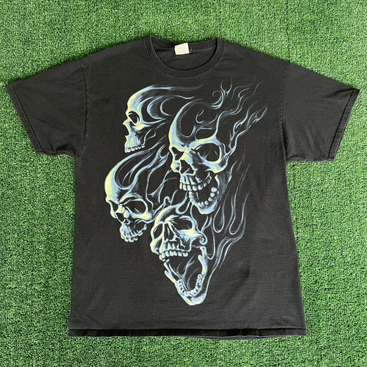 Y2K Skull Pile Tribal Flame Glow in The Dark Black T-Shirt - Large