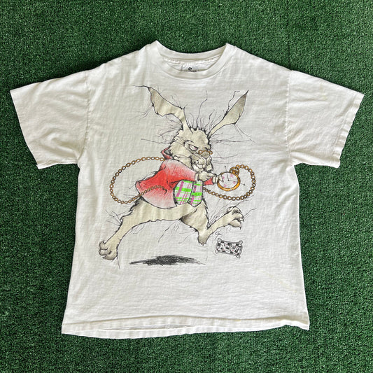 90s Andazia Alice in Wonderland White Rabbit "I'm Late" White Distressed T-Shirt - Large