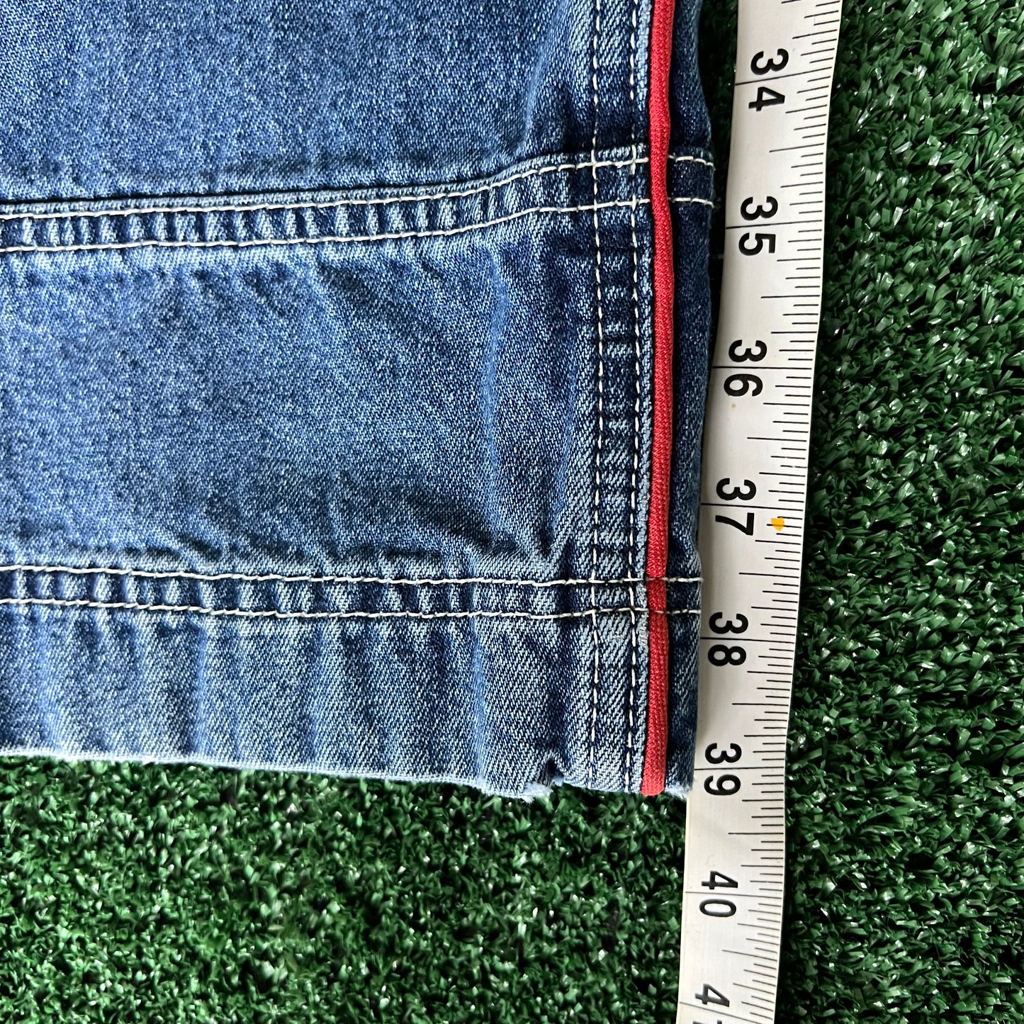 Y2K JNCO Jeans Baggy Wide-Leg Red Stripe Medium Wash Blue Jeans - 30x29" 25.5" Openings