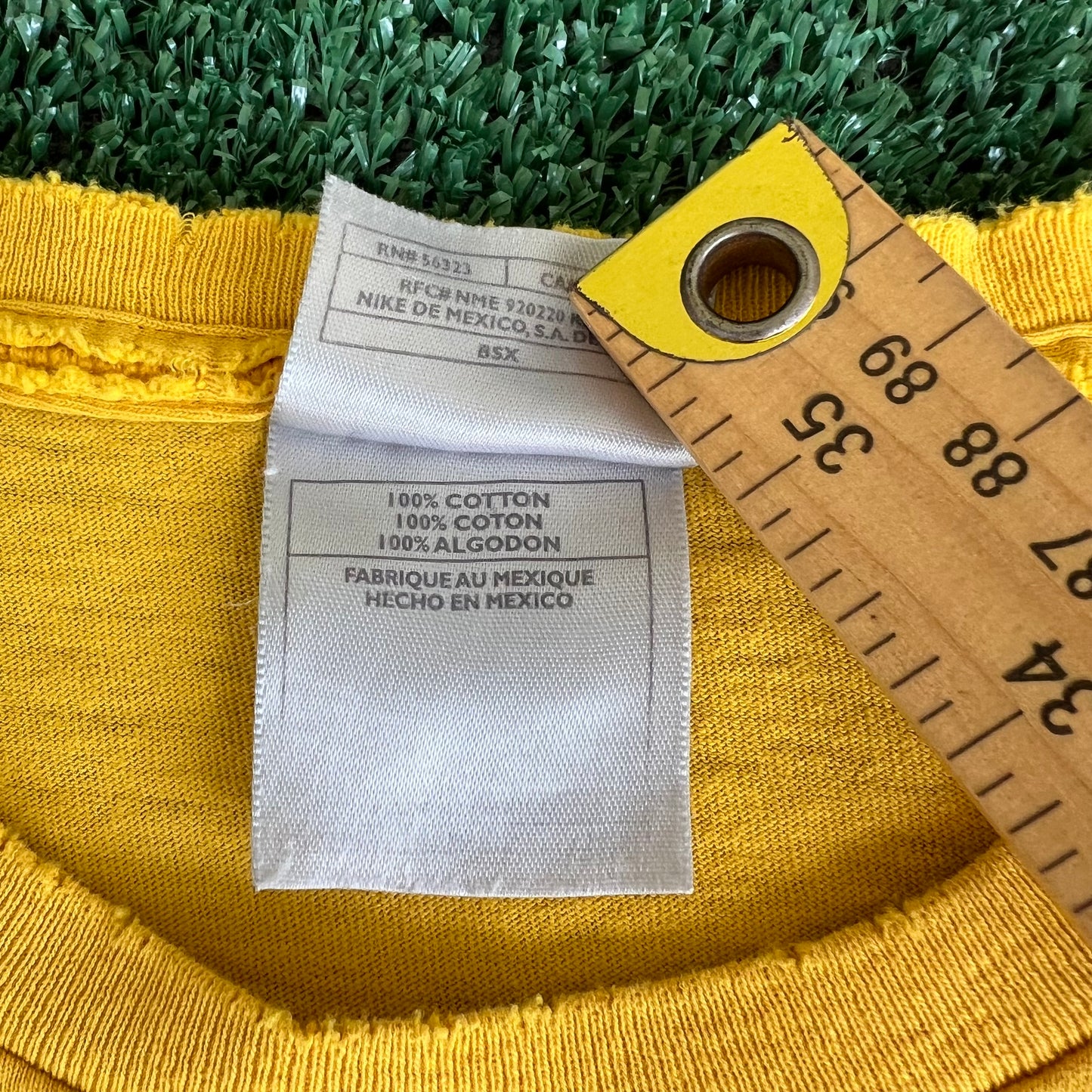 Y2K Nike Yellow Embroidered Essential Spellout Distressed T-Shirt - Medium