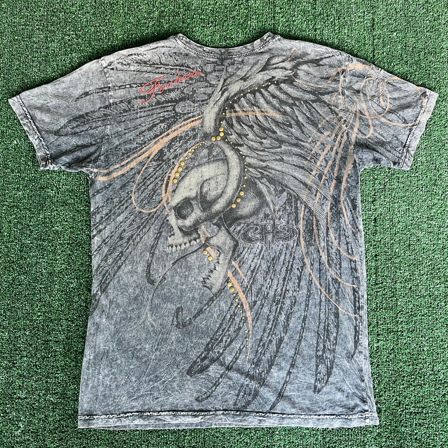 Y2K Skull Wings Tribal Studded AOP Dark Gray T-Shirt - Large