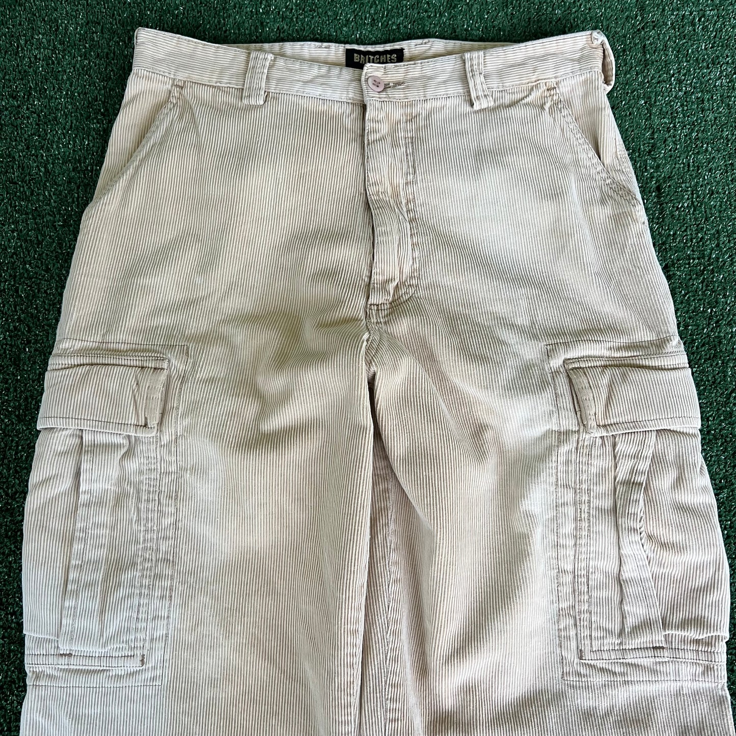 Y2K Britches Baggy Straight Light Beige Sun Faded Corduroy Cargo Pants - 33x30.5" 19" Openings