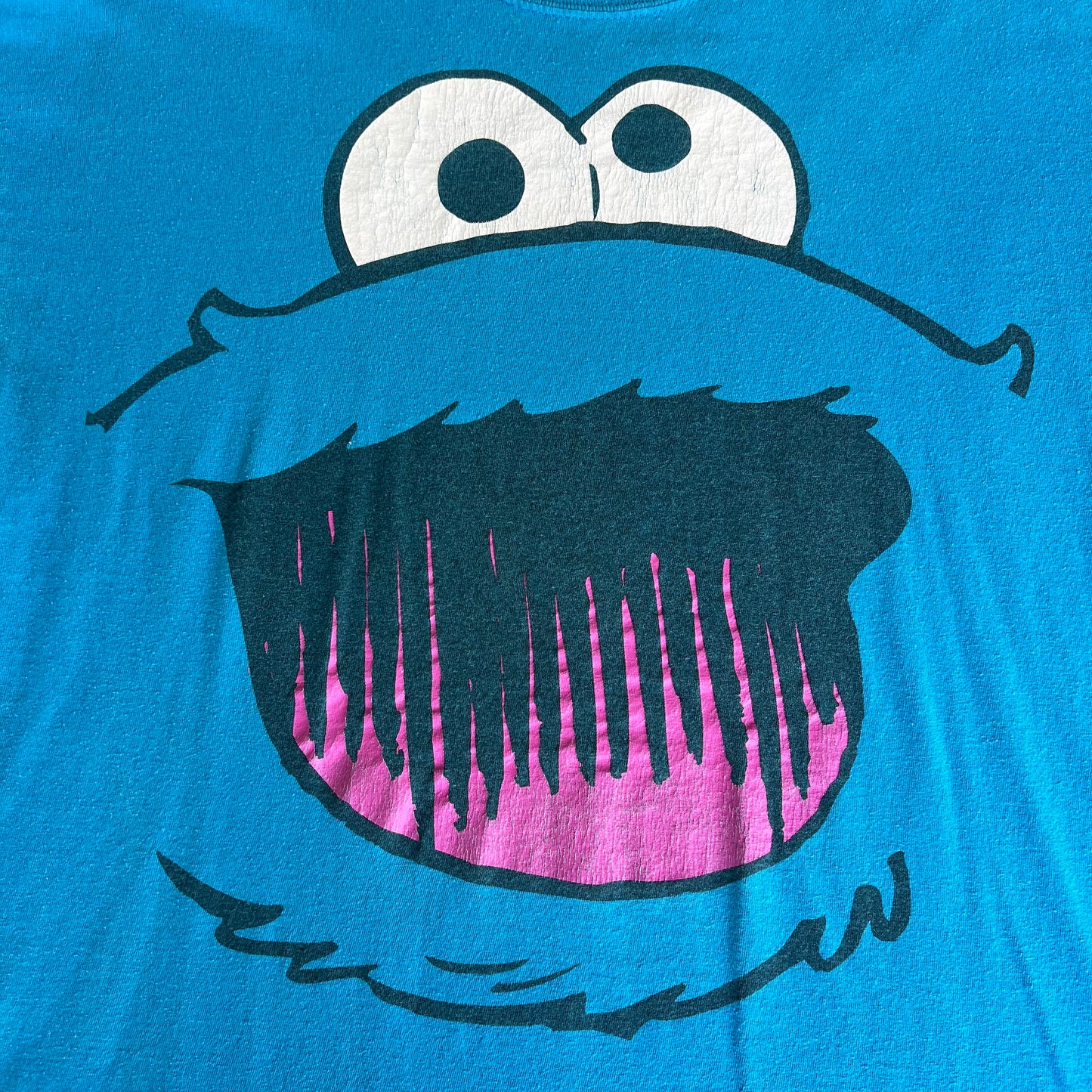 Y2K Sesame Street Cartoon Cookie Monster Big Face Blue T-Shirt - XL