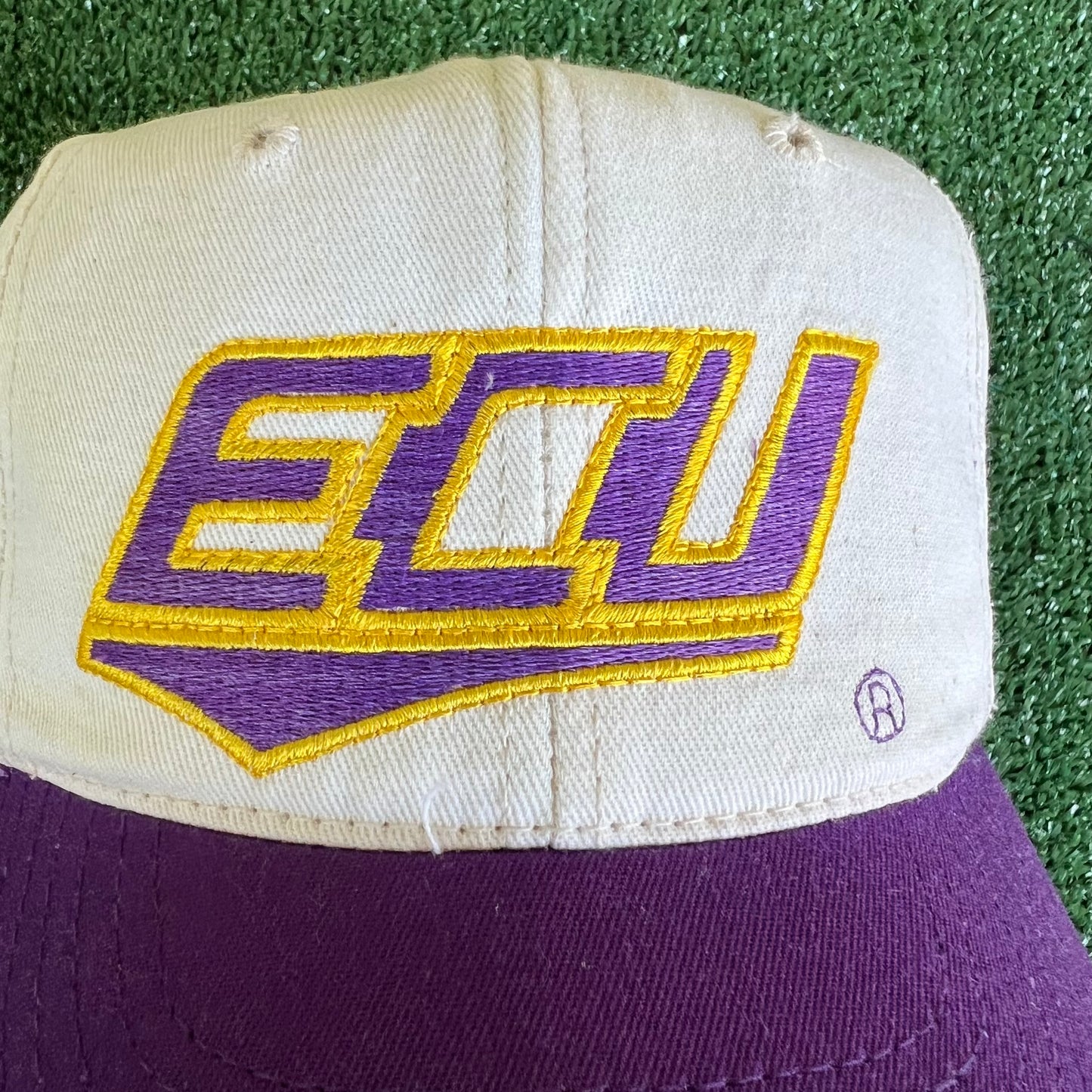 90s East Carolina University Pirates Script White Purple Snapback Hat