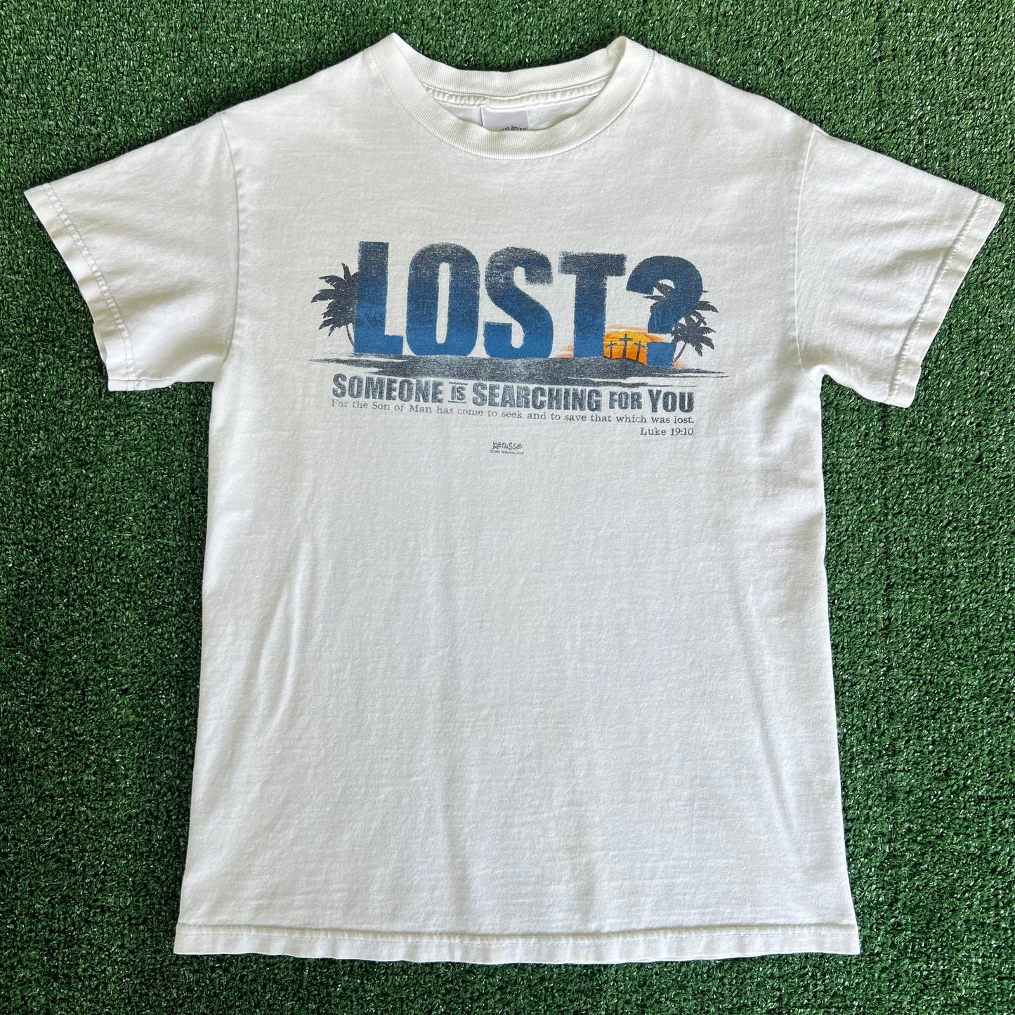 Y2K Jesus "Lost Someone Is Searching for You" Luke 19:10 White T-Shirt - Small