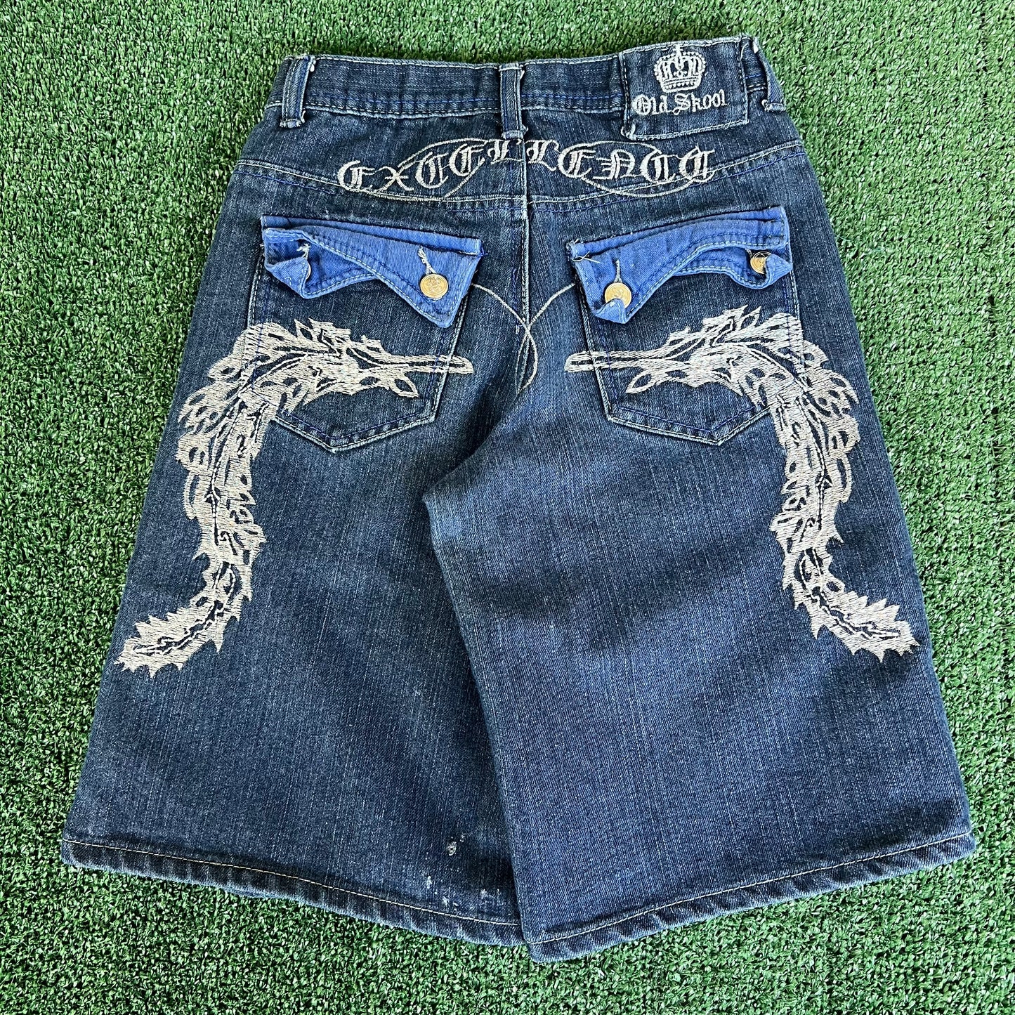 Y2K Distressed Old Skool Embroidered Indigo Blue Jean Shorts - 25x11"