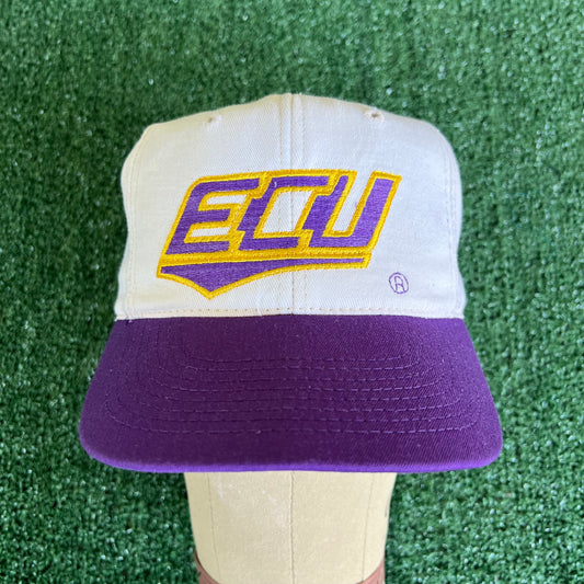 90s East Carolina University Pirates Script White Purple Snapback Hat