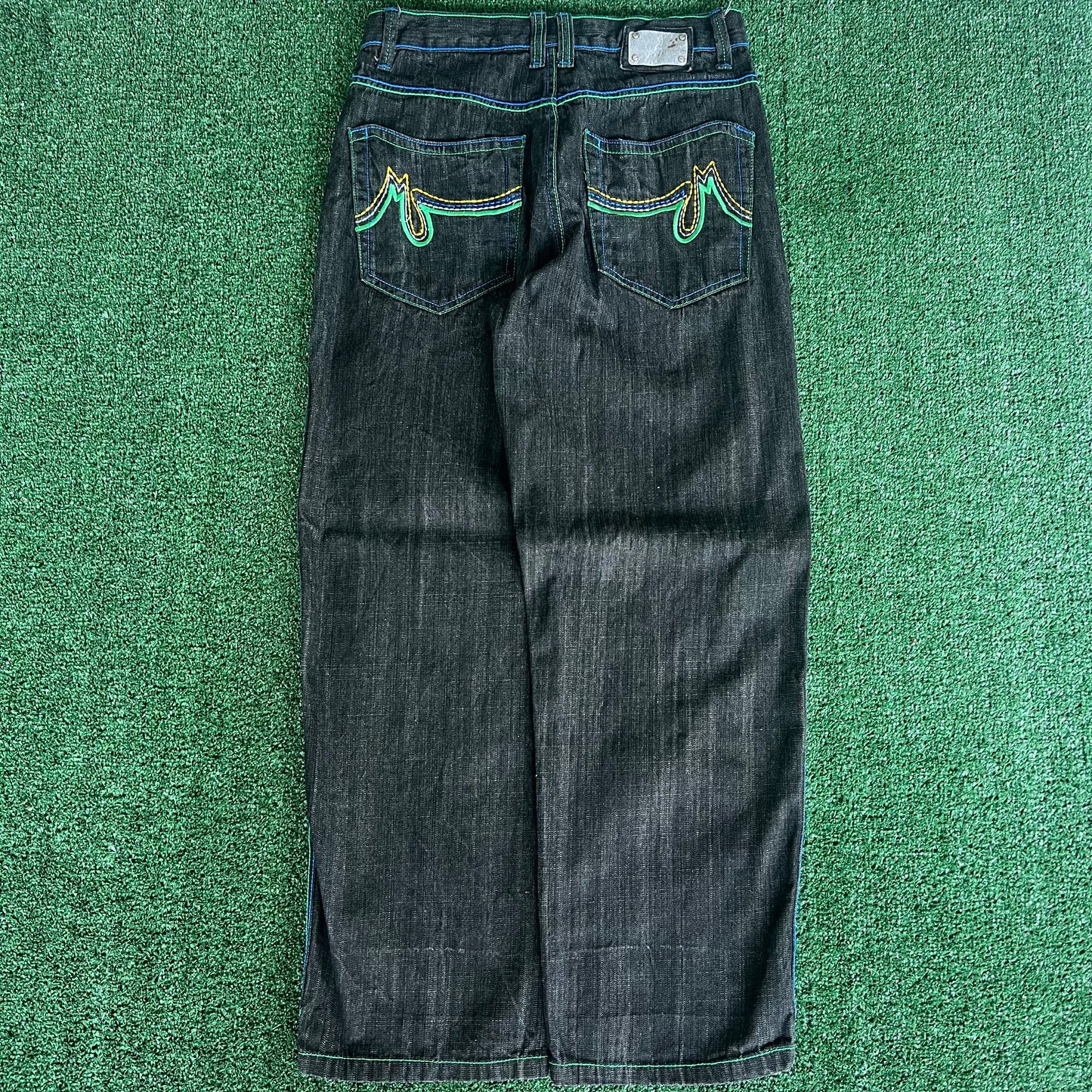 Y2K Dodeca Black Green Blue Embroidery Jeans - 32x31" 19" Opening