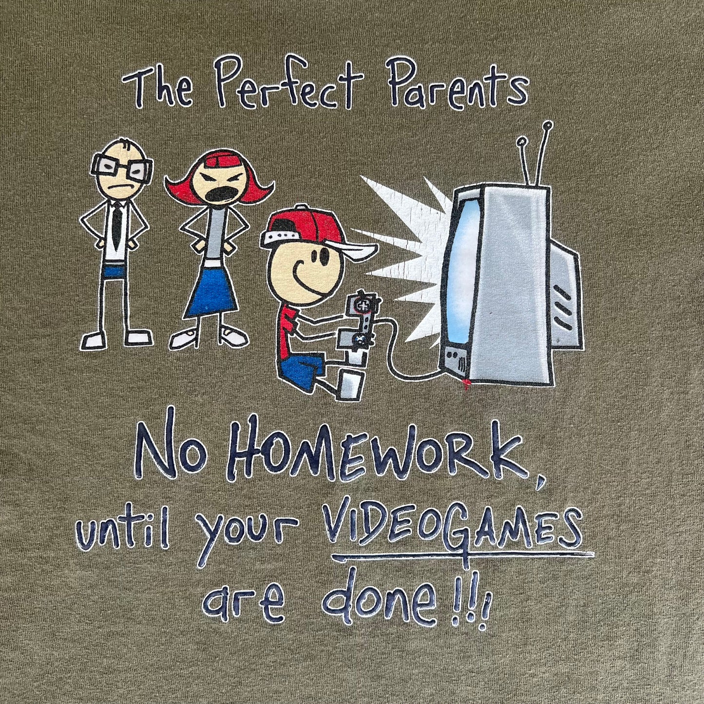 Y2K Stick Figure "The Perfect Parents" Video Game Funny Olive Green T-Shirt - Small