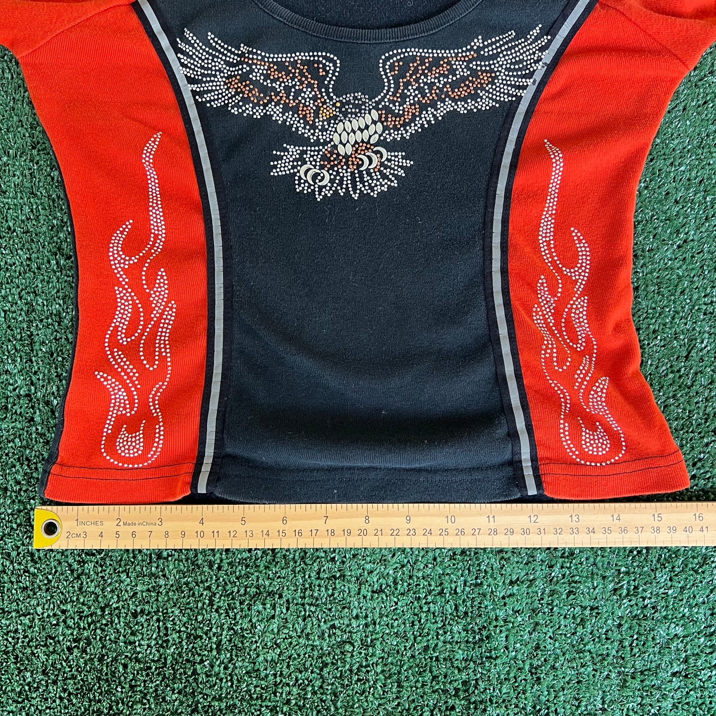 Women's Y2K Biker Design Tribal Flame Eagle Rhinestones Orange Black Scoop Neck T-Shirt - Medium