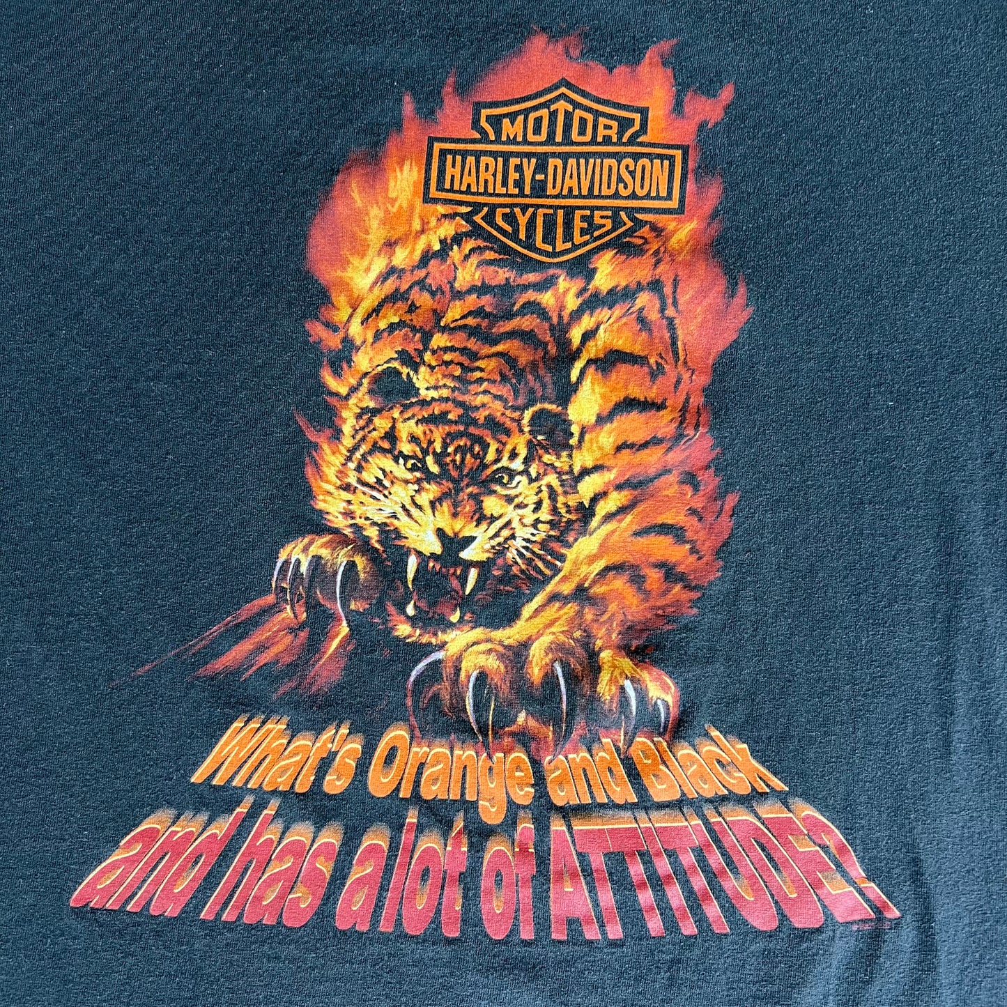 Y2K Harley-Davidson Motorcycles Flaming Tiger Faded Black T-Shirt - Large