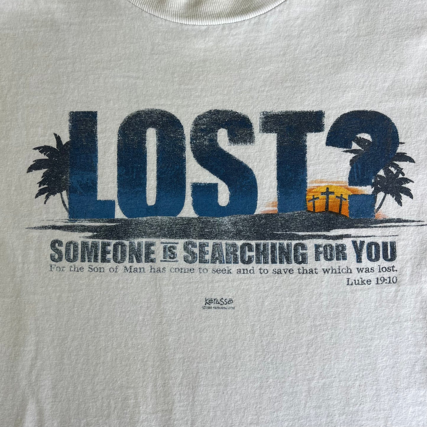 Y2K Jesus "Lost Someone Is Searching for You" Luke 19:10 White T-Shirt - Small