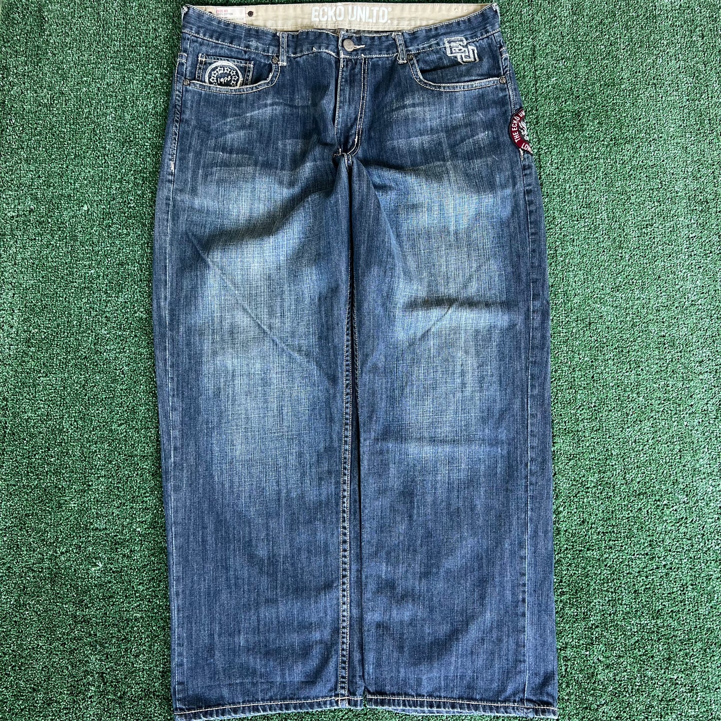 Y2K Ecko Unltd. Baggy Wide-Leg Patches Blue Jeans - 41x31" 21.5" Openings