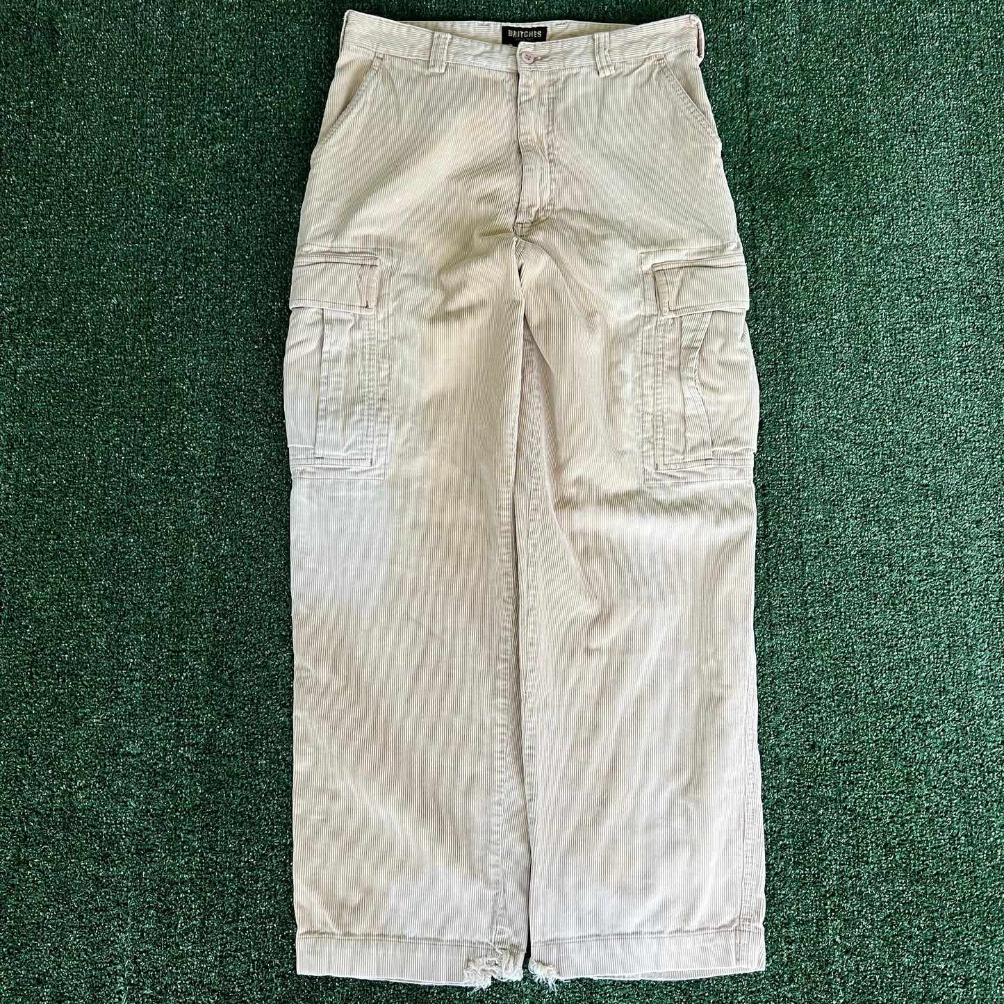 Y2K Britches Baggy Straight Light Beige Sun Faded Corduroy Cargo Pants - 33x30.5" 19" Openings