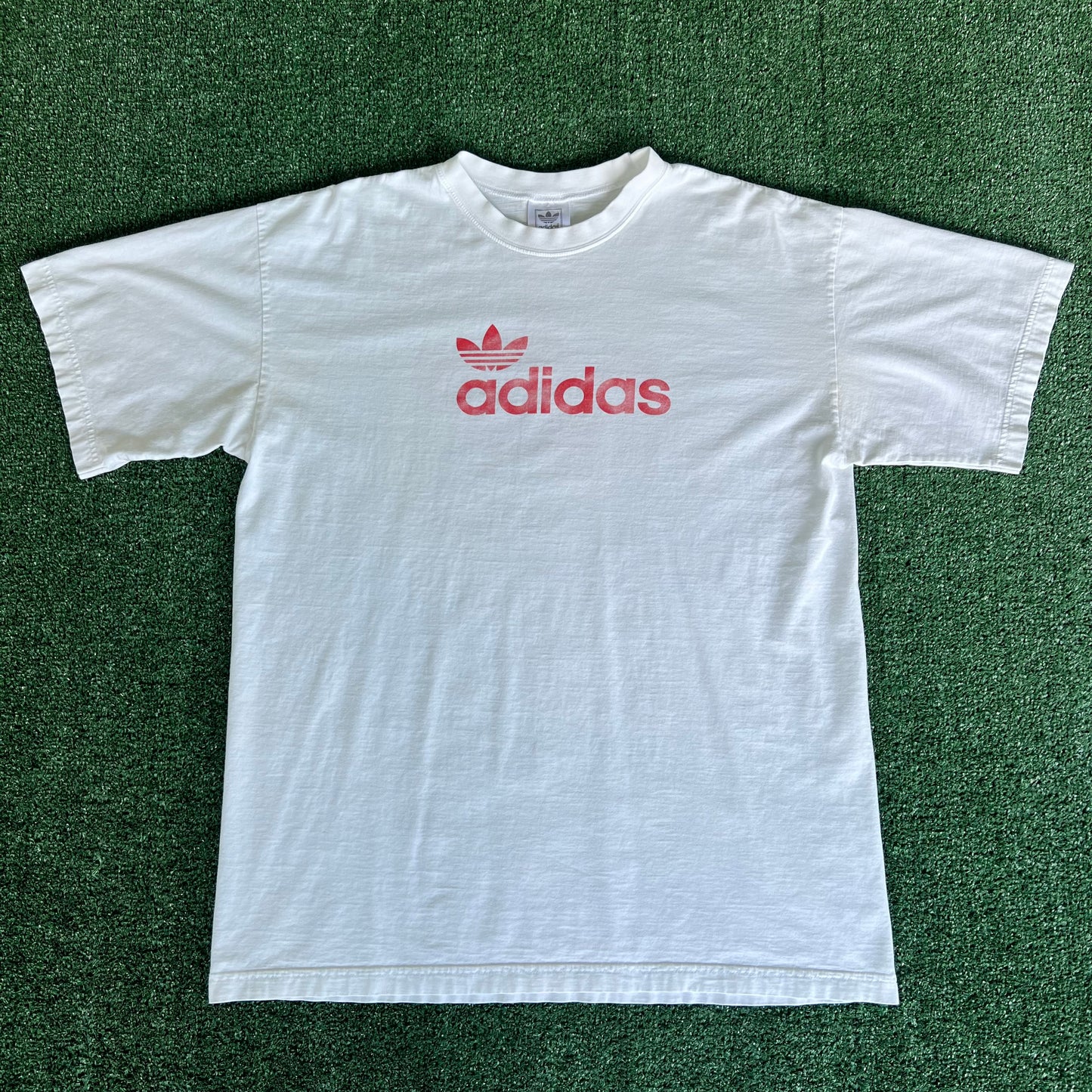 90s Adidas Spellout Leaf Logo White Red T-Shirt - XL