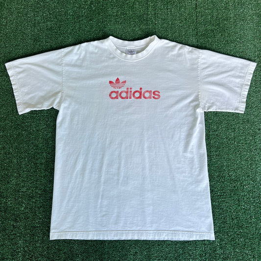 90s Adidas Spellout Leaf Logo White Red T-Shirt - XL