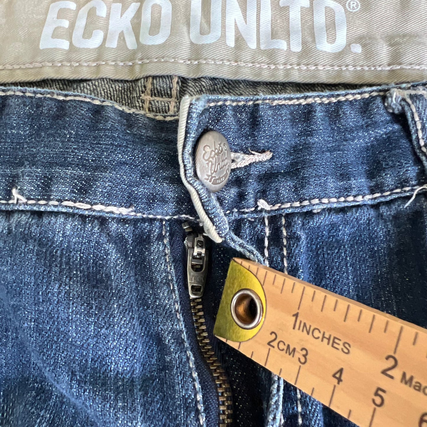 Y2K Ecko Unltd. Baggy Wide-Leg Patches Blue Jeans - 41x31" 21.5" Openings