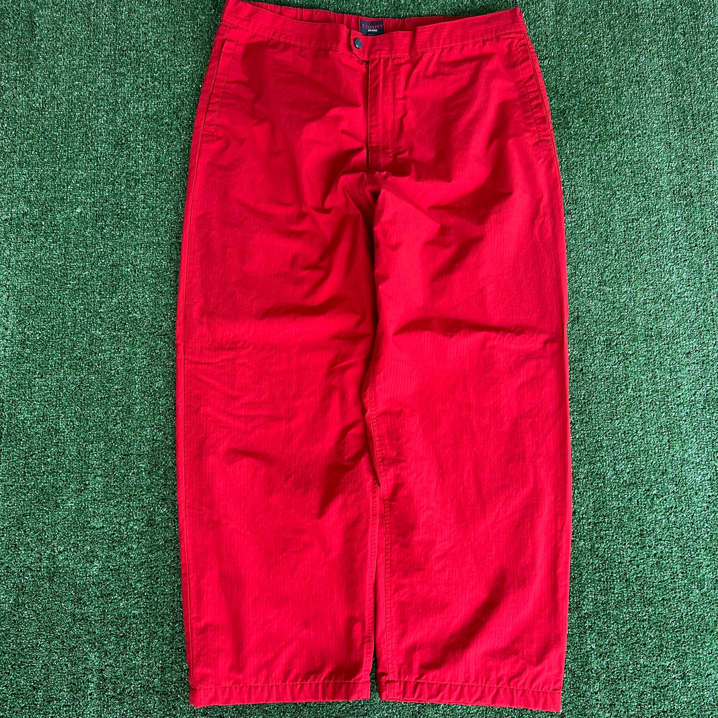 Y2K Tommy Hilfiger Red Baggy Wide-Leg Windbreaker Pants  - 2XL 40x30" 20.5" Openings