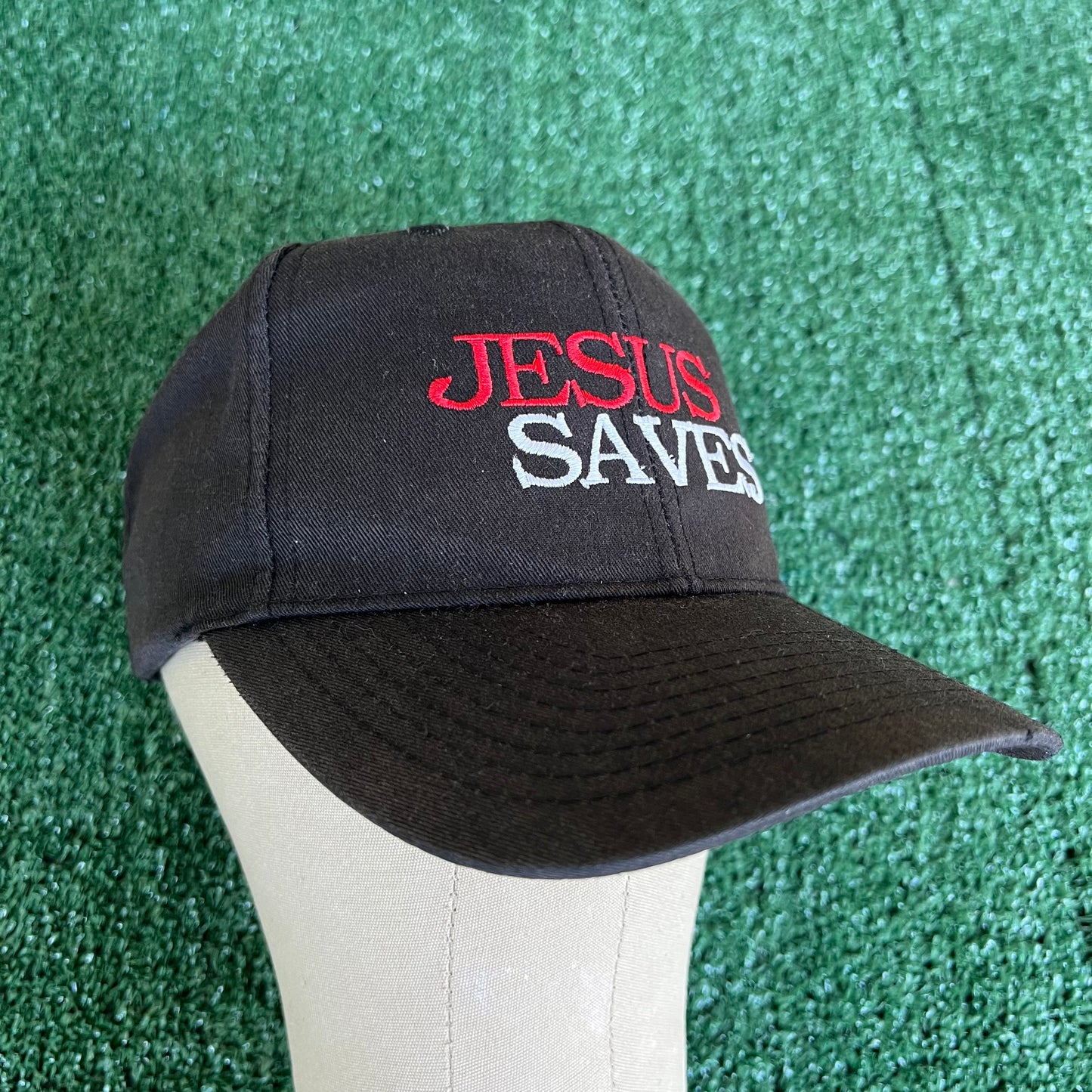 90s Jesus Saves Faded Black Snapback Hat